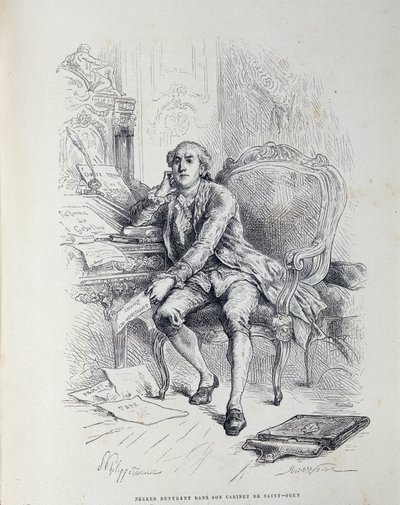 Necker toimistossaan Saint-Ouenissa, jota ympäröivät muistiinpanot "Gabelles-uudistus", "Verot", "Tullien poistaminen" jne. tekijältä French School