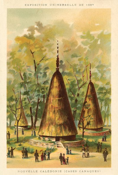 Uusi-Kaledonia (Kanak-majat), Exposition Universelle 1889, Pariisi (chromolitho) tekijältä French School