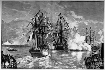 New York: Frederic Auguste Bartholdin (1834-1904) Vapaudenpatsasta kuljettavan ranskalaisen Isere-laivan saapuminen kaupungin satamaan, 19. kesäkuuta 1885. Kaiverrus ""Le Monde Illustre" -kirjaan" tekijältä French School