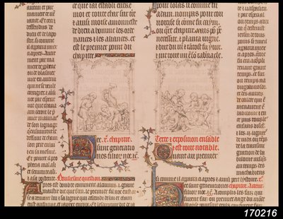 Nooa viinitarhassa ja Nooan juopuminen, Jean Syn Raamatusta, n. 1355 tekijältä French School