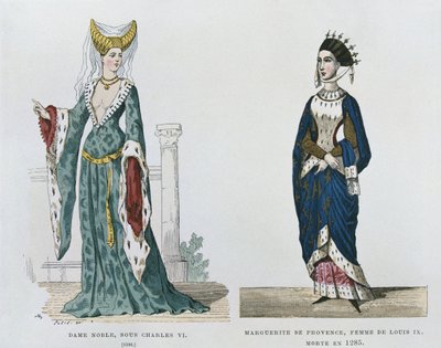 Kaarle VI:n vallan alainen aatelisnainen Marguerite de Provence, Ludvig IX:n vaimo, kuoli vuonna 1285 ranskalaisissa siviili- ja sotilasasuissa vuosisatojen ajan. tekijältä French School