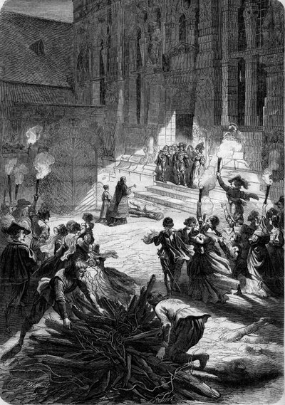 Noel Ranskassa Ludvig XIII:n alaisuudessa: herra seisoo linnansa oven edessä, kun pappi pyhittää buchen, jonka tulee tuoda siunaus asuntoon. Pihalle talonpojat pystyttivät teurastajan. 17. vuosisata. Kaiverrus "" Le Monde Ill tekijältä French School