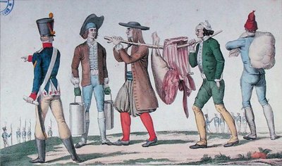 Normanin ja Bretonin värvättyjä, jotka kuljettavat tarvikkeita sarjasta "The First Steps of a Military Career", 1800-luvun alku (värillinen kaiverrus) tekijältä French School