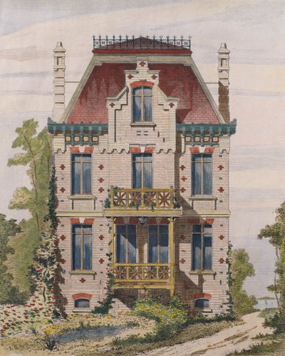Normannilainen huvila Villers sur merissa, Normandiassa, kuvitus Le Moniteur des architectesista, 1883 (värikaiverrus) tekijältä French School