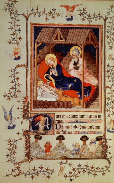 Nouv Lat 3093 f.42 Paimenten syntymä ja vierailu, Duc de Berryn Tres Belle Heures -teoksesta, alkanut n. 1382 tekijältä French School