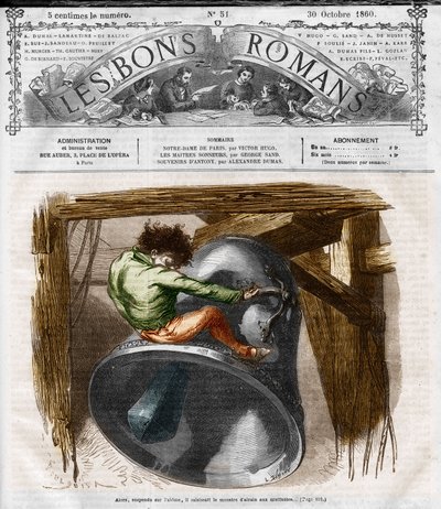 Romaanisarja: Victor Hugon (1802-1885) "Notre Dame de Paris". Quasimodo kellotornissa. Kaiverrus "" Les bons romances"" tekijältä French School