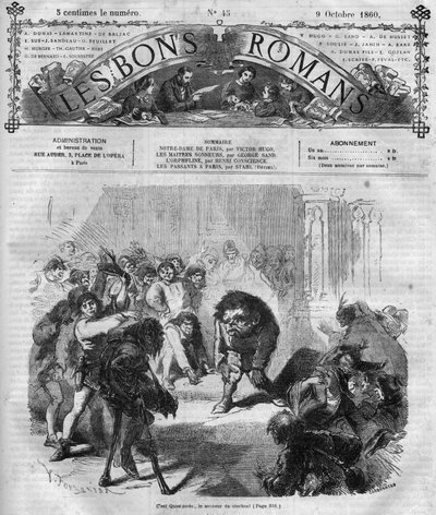 Romaanisarja: Victor Hugon (1802-1885) "Notre Dame de Paris". Väkijoukot pelästyivät ja nauroivat kellojen soittajan Quasimodon edessä. Kaiverrus "" Les bons romances"" tekijältä French School