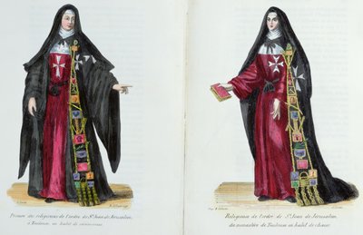 Pyhän Johanneksen Jerusalemin ritarikunnan nunnat, kuva Isä Helyotin luostarikunnan historiasta ja puvuista, 1842 tekijältä French School
