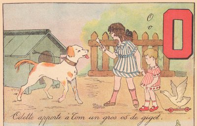 Odette tuo Tomille ison sääriluun, noin 1920 (vedos). tekijältä French School