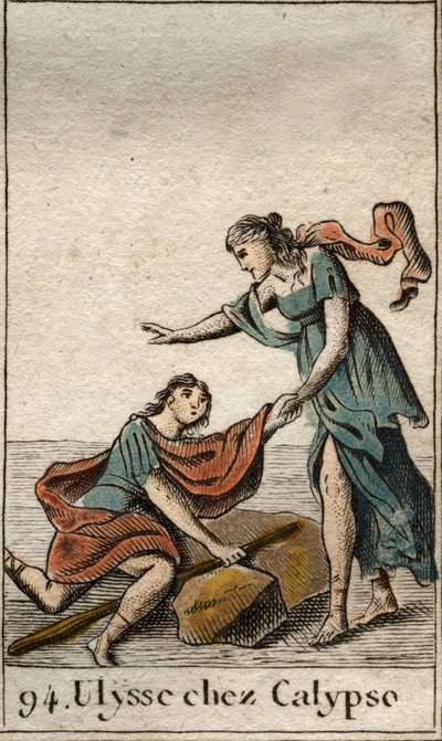 Homeren Odyssee: Ulysses, jonka nymfi Calypso on kerännyt saarellaan. (Homeroksen Odysseia: Calypso, nymfi saarella, löysi Odysseuksen) Pierre Blanchardin teoksesta "Mythologie de la jeunesse" 1803. tekijältä French School