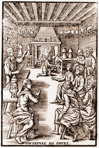 Transmutatorisen kemian kurssin avaus - kaiverrus 1653 kirjaan "" LE VRAY ET METHOD COURSES DE PHYSICS RESOLUTIVE" Annibal Barlet tekijältä French School