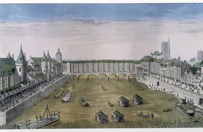 Optinen näkymä Pariisista: Le Pont au change. sd. v. 1800, Pariisin kaupunki. tekijältä French School