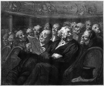 Orkesterin tuolit. Sarjakuva Honore Daumier (1808-1879). Kaiverrus "" Le Monde Illustré" -julkaisussa nro 1101, 4. toukokuuta tekijältä French School