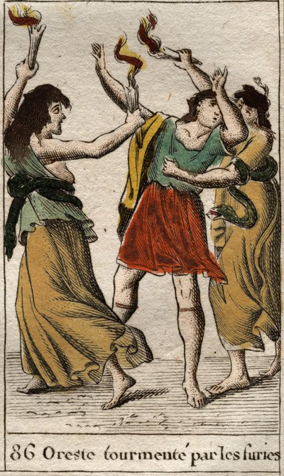 Orestes, jota Eronyes (tai Furies) jahtaavat kostaessaan isänsä Agamemnonin kuoleman tappamalla hänen äitinsä Clytemnestran). Pierre Blanchardin "Nuoruuden mytologiasta" vuodelta 1803. tekijältä French School
