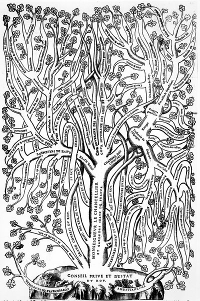 Organigrammi, joka esittää hallinnon organisaatiota Ranskassa 1500-luvulla, 1579 tekijältä French School