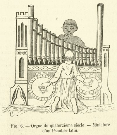 1400-luvun urut, latinalaisen psalterin pienoismalli (kaiverrus) tekijältä French School