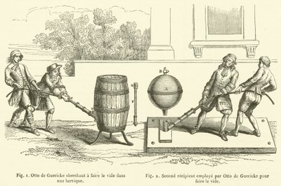 Otto de Guericke yrittää luoda tyhjiön tynnyriin, toinen vastaanottaja, jota Otto de Guericke käytti tyhjiön luomiseen (kaiverrus) tekijältä French School
