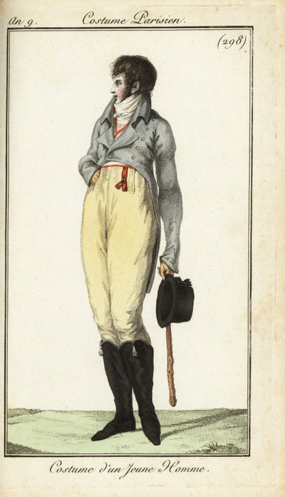 Nuoren miehen tai Incroyablen asu, toukokuu 1801 (käsinvärinen kuparikaiverrus) tekijältä French School