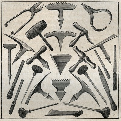 Golfevren työkalut. Kaiverrus vuodelta 1885 kirjaan "Les arts et professions illustrés", kirjoittanut Adolphe BITARD. tekijältä French School
