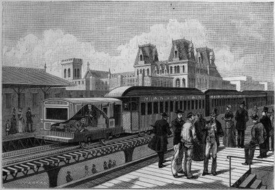 Yleiskatsaus Elevated Railroad -asemasta ja sähköjunasta New Yorkissa, Yhdysvalloissa. Kaiverrus "" La Nature -kirjaan. Revue des sciences et de ses applications aux arts et a l