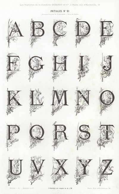 Sivu typografisista vinjeteistä (kaiverrus) tekijältä French School