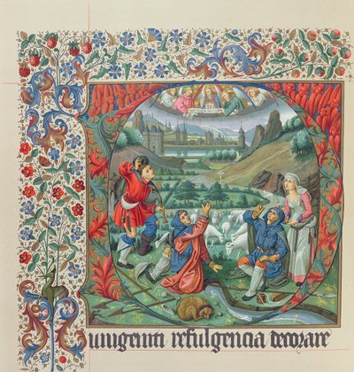 Sivu Missel de Jouvenel des Ursinsin faksimilepainoksesta, jossa on Historiated alkukirjain ja näkymä Pariisiin ja Seinen 1400-luvulla tekijältä French School