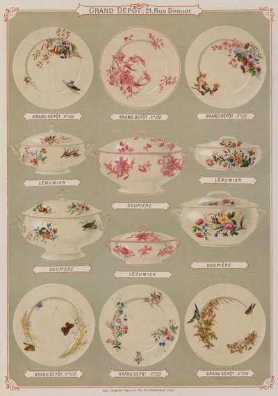 Sivu Grand Depot de Porcelaines, Faiences et Verreriesin luettelosta (värilitho) tekijältä French School