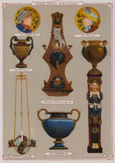 Sivu Grand Depot de Porcelaines, Faiences et Verreriesin luettelosta (värilitho) tekijältä French School