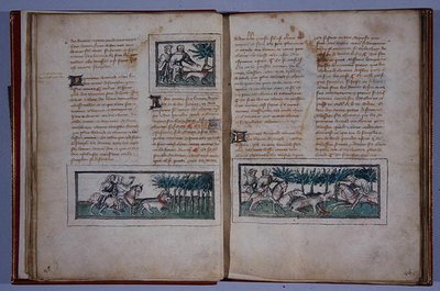 Sivut 57 ja 58, teoksesta Le Livre du Roy Modus et de la Royne Racio, kirjoittanut Henri de Ferrieres, n. 1420 (tussi ja tussi ja wc paperille). tekijältä French School