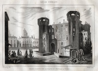 Aostan palatsi Place du Chateau -aukiolla Torinossa - Kaiverrus "Italia maalauksellinen"" - Italian historiallinen ja kuvaava maalaus", M. de Norvins, Ch. Nodier 1834-1836. tekijältä French School