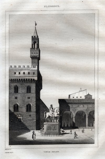 Palazzo vecchio Firenzessä - Piazza della Signoria - Kaiverrus "" Maalauksellisesta Italiasta" - Italian historiallinen ja kuvaava maalaus", M. de Norvins, Ch. Nodier 1834-1836. tekijältä French School