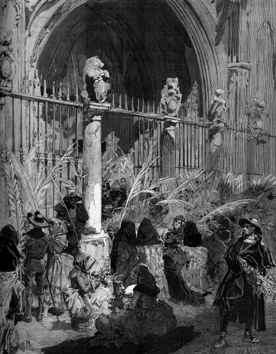 Palmusunnuntai Espanjassa: Beniittipalmujen myynti Toledon katedraalin edessä. Kaiverrus Neitsyt kirjassa "" The Illustrous World"" nro 1200, 27. maaliskuuta 1880. tekijältä French School