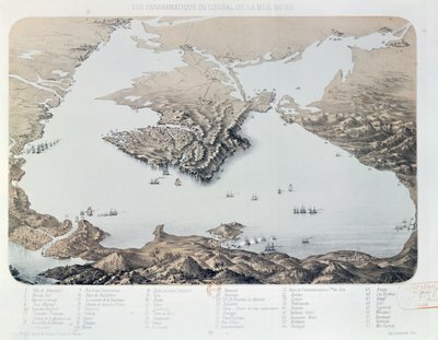 Panoraamanäkymä Sevastopolista ja Mustanmeren rannikosta Krimin sodan aikaan, 1855 tekijältä French School
