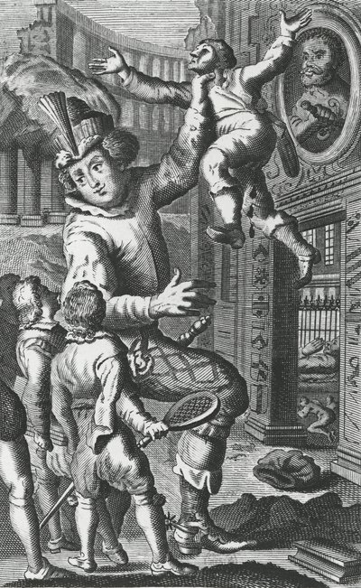 Pantagruel tarttuu Limousiiniin kurkusta, kuvitus teoksesta "Gargantua ja Pantagruel", kirjoittanut François Rabelais (kaiverrus) tekijältä French School
