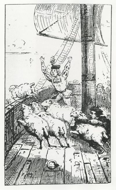 Panurgen lammas, kuvitus teoksesta "Gargantua ja Pantagruel", François Rabelais (kaiverrus) tekijältä French School
