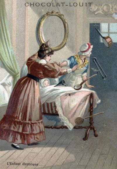 Paranormaali toiminta: vastasyntynyt liikuttaa esineitä levitaatiolla (poltergeist tai telekinesis) 1800-luvun lopun kromolitografia Yksityinen kokoelma tekijältä French School