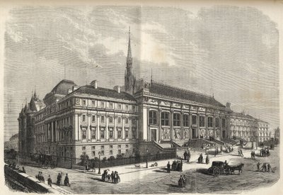 Pariisi - oikeustalon uusi julkisivu, jonka rakensi Joseph-Louis Duc (1802-1879) - (Länsi julkisivu, Rue de Harlay) kaiverrus vuodelta 1869 tekijältä French School
