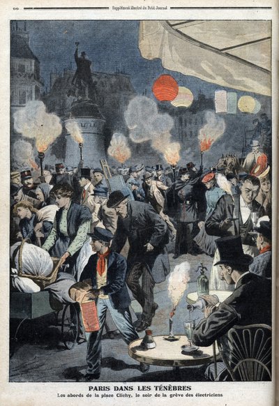 Pariisi pimeydessä - Clichy-paikan ympäristö, sähköasentajien lakon ilta - ”Le petit Journal”, maaliskuu 1907 (kaiverrus) tekijältä French School