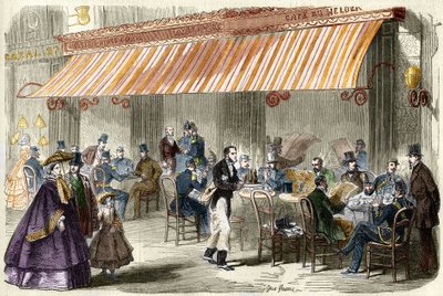 Pariisi 1800-luvulla. Boulevard des Italians vuonna 1859: kahvila Helderin ulkopuolella kello viisi illalla. tekijältä French School