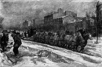 Pariisi lumen alla, talvi 1879-1880: Boulevard Montparnassen jääaura (lumimetsästys). Kaiverrus "" Le Monde Illustré" -julkaisussa nro 1188, 3. tammikuuta tekijältä French School