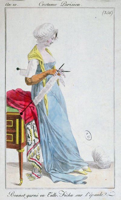Pariisilainen puku: tyllillä koristeltu konepelti, olkapäillä fichu, 1802 tekijältä French School