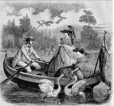Pariisilaiset moodit, kesä 1857: veneretki järvellä. Kaiverrus "" Le Monde Illustré" -julkaisussa nro 24, 26. syyskuuta 1857. tekijältä French School