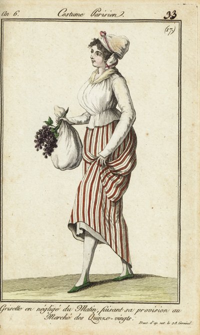 Pariisilainen kauppatyttö rennossa aamupuvussa, 26. maaliskuuta 1798 (käsinvärinen kuparikaiverrus) tekijältä French School