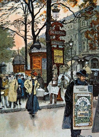 Pariisin katunäkymä lähellä Palais-Royalin metroasemaa, n. 1900 (väri litho) tekijältä French School