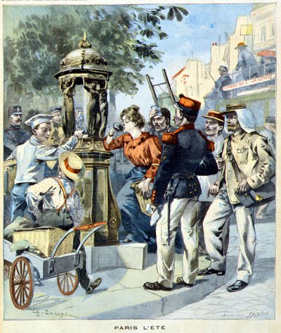 Pariisilaiset juomassa Wallacen suihkulähteen ympärillä - "Le Petit Journal" -lehdessä 19.8.1900 (kaiverrus) tekijältä French School