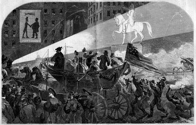 Juhli New Yorkin (New York) kaduilla juhlistamaan transatlanttisen lennätinkaapelin asentamista Yhdysvaltojen (Yhdysvallat) ja Englannin välille vuonna 1858. Kaiverrus "" Le Monde Illustré" -julkaisussa nro 79, 16. lokakuuta 1858. tekijältä French School