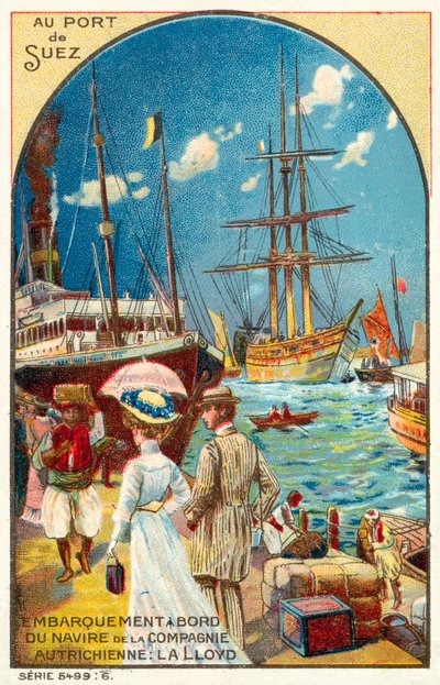 Matkustajat nousevat Itävallan Lloyd-linjan alukseen Suezin satamassa Egyptissä (chromolitho) tekijältä French School