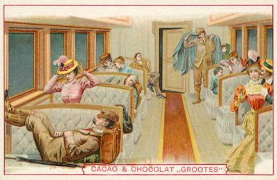 Matkustajat junavaunussa (chromolitho) tekijältä French School