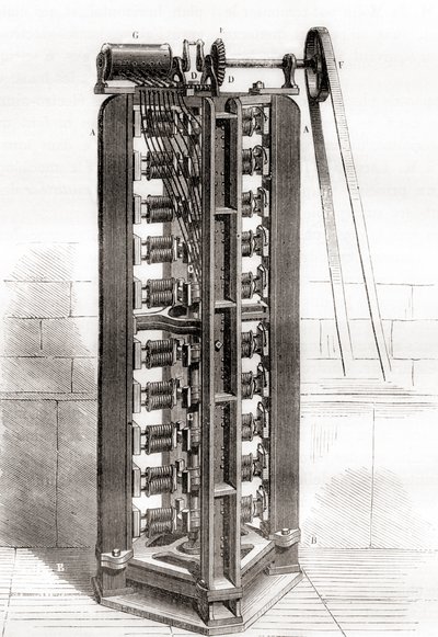 Paul-Gustave Fromentin pystysuora sähkömoottori, n. 1844, Les Merveilles de la Science, julkaistu n. 1870 (kaiverrus) tekijältä French School