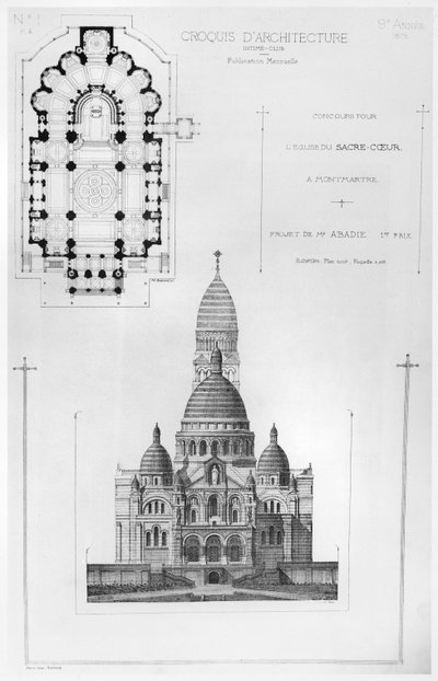 Paul Abadies voitti suunnittelukilpailun Sacré-Coeurin suunnittelukilpailussa Montmartressa, Croquis dArchitecturesta, 1875 tekijältä French School